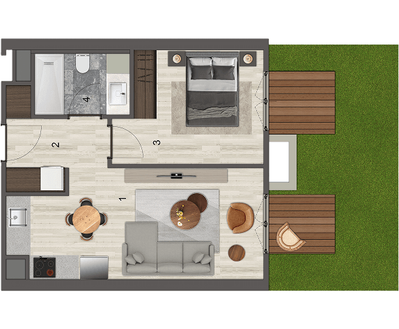 1+1 Tip L-2 Bahçe Teras kat planı